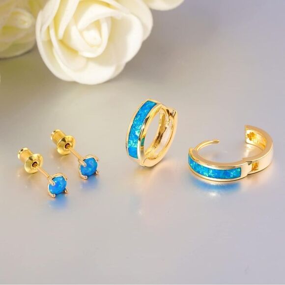 14K Yellow Gold with Genuine Blue Fire Opal Huggie and Stud Earrings Set of 2 - Picture 4 of 5